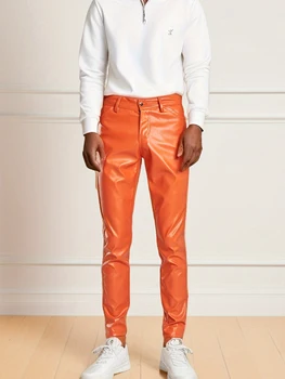 Легкие мужские оранжевые кожаные брюки, подходящие для ночных клубов и выступлений, модные и приталенные, сексуальные и удобные