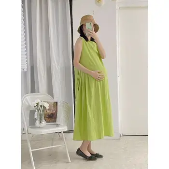 Летнее платье без рукавов для беременных, однотонный сарафан для беременных с круглым вырезом, большие размеры, платья на бретелях для беременных, зеленый, фиолетовый Изображение 2