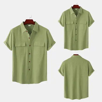 Летние новые хлопковые льняные однотонные рубашки для мужчин, повседневные рубашки с двойным карманом и коротким рукавом, мужские деловые праздничные дышащие майки