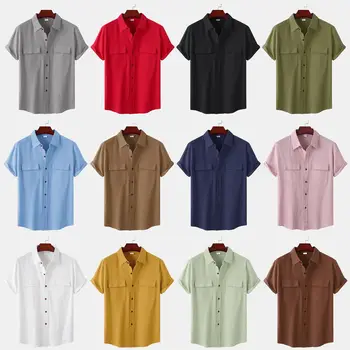 Летние новые хлопковые льняные однотонные рубашки для мужчин, повседневные рубашки с двойным карманом и коротким рукавом, мужские деловые праздничные дышащие майки Изображение 2