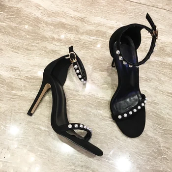 Летние новые черные классические босоножки на высоком каблуке-шпильке, элегантные женские туфли с жемчужным орнаментом, удобные туфли-лодочки с открытым носком Изображение 2