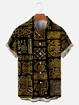 Летняя винтажная рубашка с рисунком дикого человека, животных и растений, Гавайская мужская повседневная Свободная дышащая рубашка с коротким рукавом, топ