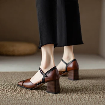 Летняя женская обувь 2023 года, женские босоножки на толстом каблуке, женские босоножки из натуральной кожи, женские босоножки в римском стиле на высоком каблуке в стиле ретро