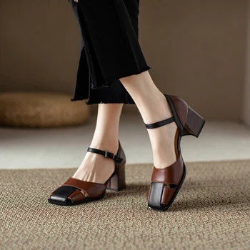 Летняя женская обувь 2023 года, женские босоножки на толстом каблуке, женские босоножки из натуральной кожи, женские босоножки в римском стиле на высоком каблуке в стиле ретро Изображение 2