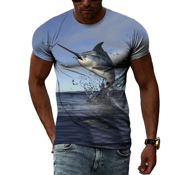 Летняя мужская футболка с изображением рыбы-меч и 3D-рисунком, уличная мода, хип-хоп Тренд, топ с круглым вырезом, Повседневные футболки с коротким рукавом и принтом