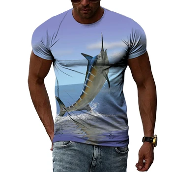 Летняя мужская футболка с изображением рыбы-меч и 3D-рисунком, уличная мода, хип-хоп Тренд, топ с круглым вырезом, Повседневные футболки с коротким рукавом и принтом Изображение 2