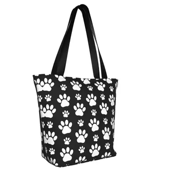 Многоразовая хозяйственная сумка с рисунком симпатичной лапы щенка, женская холщовая сумка-тоут на плечо, портативные сумки для покупок с отпечатками собачьих лап, сумки для покупок в продуктовых магазинах для домашних животных Изображение 2