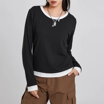 Модная Женская футболка С длинным рукавом и круглым вырезом, Накладные осенние топы в стиле Пэчворк из 2 частей, Уличная Повседневная одежда Y2k