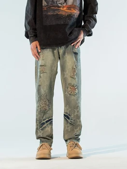 Модные рваные мужские джинсовые брюки YIHANKE, прямые брюки с боковой молнией в американском ретро стиле, Брендовая мужская уличная одежда Y2k Pants