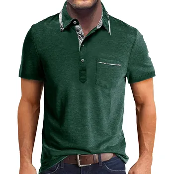 Мужская весеннелетняя футболка Henley с коротким рукавом, однотонная футболка с несколькими пуговицами, мужская футболка Изображение 2