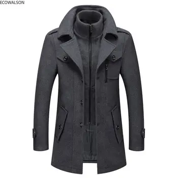 Мужская куртка, осень-зима, однотонное мужское пальто, повседневный тренч, мужское пальто из смесовой шерсти, повседневный тренч с двойным воротником.