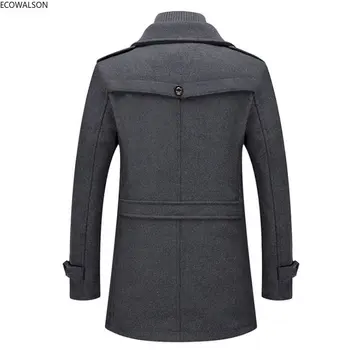 Мужская куртка, осень-зима, однотонное мужское пальто, повседневный тренч, мужское пальто из смесовой шерсти, повседневный тренч с двойным воротником. Изображение 2