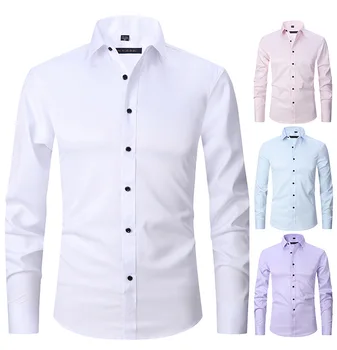 Мужская мода 2023 года, однотонная деловая рубашка с длинным рукавом, карман простого дизайна, повседневные рубашки со стандартным воротником на пуговицах