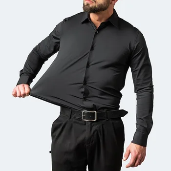 Мужская мода 2023 года, однотонная деловая рубашка с длинным рукавом, карман простого дизайна, повседневные рубашки со стандартным воротником на пуговицах Изображение 2