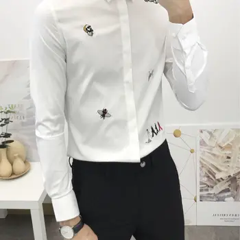 Мужская рубашка с длинным рукавом, стрейчевая повседневная рубашка с вышивкой и принтом, приталенные рубашки и блузки в корейском стиле Изображение 2