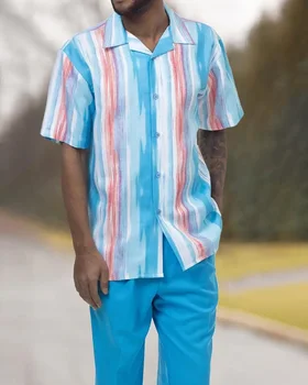Мужская рубашка с коротким рукавом и пуговицами, приталенная 3D дорожная рубашка, мужская куртка в повседневном стиле + брюки для костюма, модная повседневная летняя одежда из двух частей 4XL