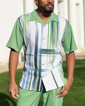 Мужская рубашка с коротким рукавом и пуговицами, приталенная 3D дорожная рубашка, мужская куртка в повседневном стиле + брюки для костюма, модная повседневная летняя одежда из двух частей 4XL Изображение 2