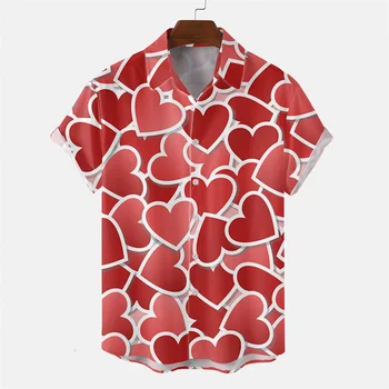 Мужские гавайские рубашки с 3D-принтом в форме сердца, повседневная блузка с коротким рукавом, мужская одежда оверсайз, топы, уличная одежда для улицы