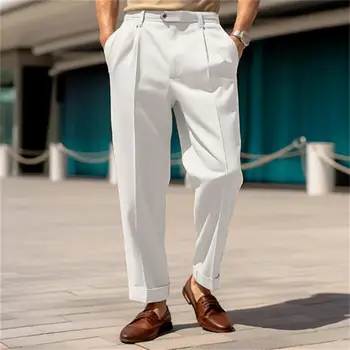 Мужские повседневные брюки Стильные мужские костюмные брюки Удобная Средняя талия Широкие штанины Дышащая ткань для официальной деловой офисной одежды
