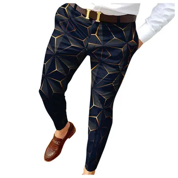 Мужские приталенные брюки с принтом на молнии и пуговицах, костюмные брюки, мужские повседневные модные длинные брюки Изображение 2