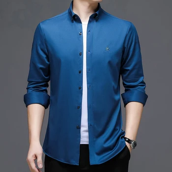 Мужские рубашки против морщин из бамбукового волокна, стрейчевые, с длинным рукавом, приталенные, Camisa Social Business, блузка, рубашка S-4XL Изображение 2