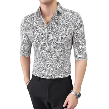 Мужские рубашки с винтажным цветочным принтом, летние домашние кофточки с отворотом и половинными рукавами, уличная одежда для вечеринок, приталенная мужская блузка с цветочным рисунком Изображение 2