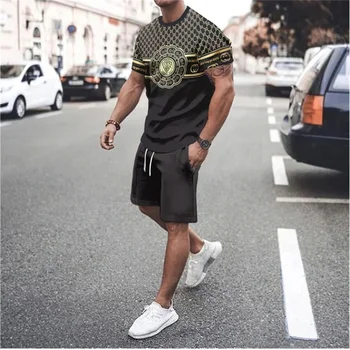 Мужской спортивный комплект с круглым вырезом и 3D принтом в стиле ретро, летняя футболка, шорты, комплект из 2 предметов, большой пуловер, модная мужская одежда