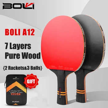 Набор ракеток для настольного тенниса BOLI A12, 2 лопасти с сумкой для переноски, 7-слойное лезвие из тополя с резиновой битой для пинг-понга без липких косточек