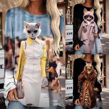 Напечатанная 3D модель с рисунком котенка с длинным рукавом 2023 года, которую можно носить четыре сезона Повседневного дышащего женского топа с длинным рукавом С длинным рукавом