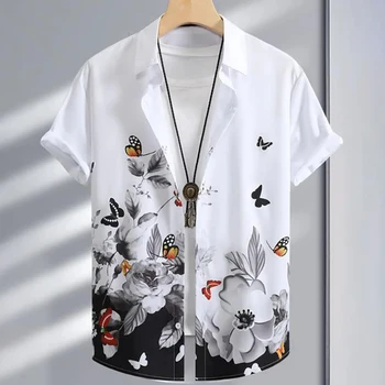 Новая гавайская мужская рубашка с 3D цветочным принтом бабочки, модная повседневная одежда для пляжной вечеринки, свободная рубашка большого размера с коротким рукавом Изображение 2