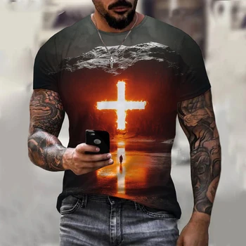 Новая летняя футболка с 3D-принтом Jesus, спортивный оверсайз, круглый вырез, свободный топ с коротким рукавом, Уличная повседневная мужская одежда Harajuku Изображение 2