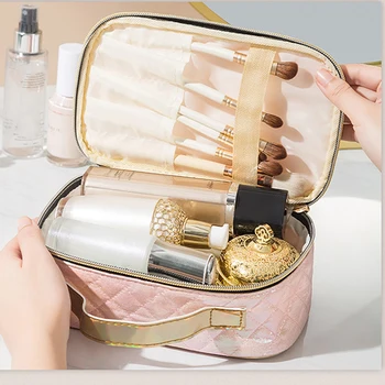 Новая модная косметичка, косметичка большой емкости, портативная повседневная женская сумка для мытья с квадратной решеткой 2023 Изображение 2