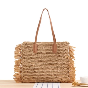 Новая плетеная соломенная сумка на одно плечо с бахромой, бумажная плетеная сумка с шипами в британском стиле, летняя пляжная модная женская сумка Изображение 2