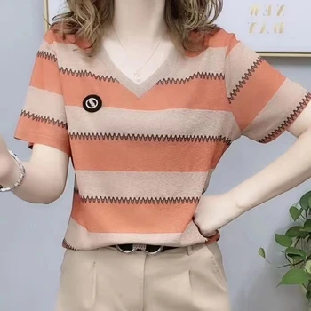 Новая популярная женская одежда 2023 года, летняя приталенная футболка с V-образным вырезом и коротким рукавом в полоску, модная повседневная корейская версия для поездок на работу