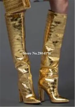 Новейшие пикантные сапоги до колена на толстом каблуке с острым носком, цвета: Золотистый, серебристый, из змеиной кожи, сапоги на высоком толстом каблуке, обувь для вечеринок