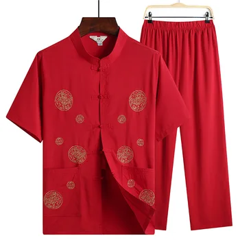 Новинка, мужской костюм эпохи Тан, одежда в китайском стиле с коротким рукавом, хлопковый традиционный винтажный костюм с вышивкой на пуговицах, комплекты кунг-фу