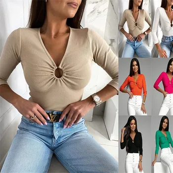 Новые женские однотонные весенние топы, облегающие сексуальные осенние рубашки с V-образным вырезом, модная открытая женская одежда Изображение 2