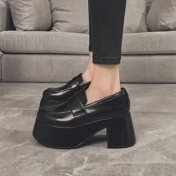 НОВЫЕ лоферы на очень высоком каблуке, женские весенне-осенние туфли-лодочки из лакированной кожи на массивной платформе, женская черная форменная обувь без шнуровки, модные туфли