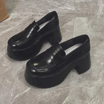 НОВЫЕ лоферы на очень высоком каблуке, женские весенне-осенние туфли-лодочки из лакированной кожи на массивной платформе, женская черная форменная обувь без шнуровки, модные туфли Изображение 2