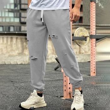 Новые повседневные мужские свободные брюки по щиколотку, баскетбольные тренировочные штаны для бега, рваные модные уличные хлопковые мужские брюки на открытом воздухе