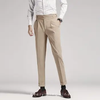 Новый дизайн, деловые мужские брюки с высокой талией, однотонный английский повседневный костюм, брючный ремень, прямая приталенная офисная официальная одежда C89