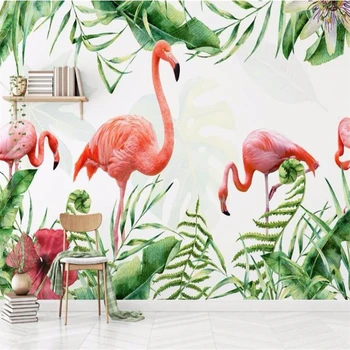 обои на заказ beibehang 3d фотообои скандинавский минимализм рисованный фламинго тропические листья фон для гостиной обои Изображение 2