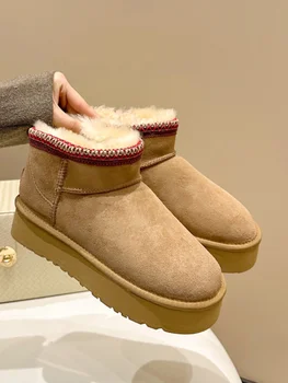 Обувь, женские ботинки, Новинка 2023 года, Австралия, Плоский каблук, Круглый носок, Роскошная дизайнерская плюшевая зимняя обувь, Зимние Модные женские меховые