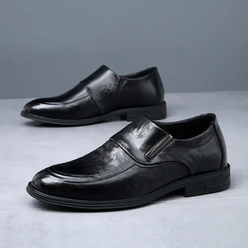 Обувь из 100% натуральной кожи, мужская деловая обувь на плоской подошве, брендовая мужская кожаная обувь из воловьей кожи, Черный, коричневый D050 Изображение 2