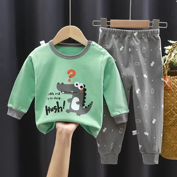 Осенне-зимние детские хлопковые пижамные комплекты, одежда для младенцев, пижамы для маленьких девочек и мальчиков, костюм для девочек, одежда с героями мультфильмов Изображение 2