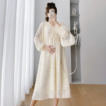 Осеннее Свободное шифоновое жаккардовое платье для беременных с длинными рукавами, V-образный вырез на шнурке, плюс размер, одежда для беременных, платье Добби с кисточками