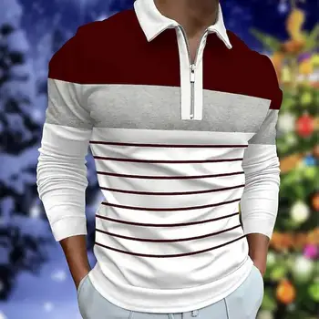 Осенняя мужская рубашка в полоску, молния с лацканами, длинный рукав, приталенный повседневный мужской топ в деловом стиле с цветными блоками