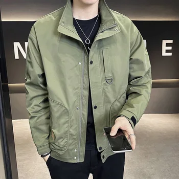 Осенняя новая Мужская повседневная рабочая куртка Корейская мода Простой воротник стойка Приталенное пальтобомбер Мужская одежда Черный Белый Зеленый