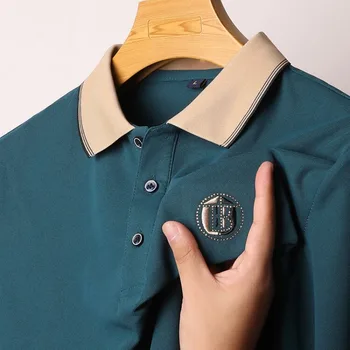 Осень 2023, Новая Мужская рубашка Поло с отворотом и длинными рукавами, Модная Повседневная Мужская Свободная футболка с длинными рукавами Изображение 2