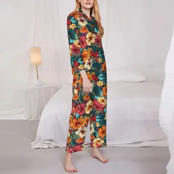 Пижамные комплекты Tropical Hibiscus С цветочным принтом, Модная Одежда для сна, женские пижамы с длинными рукавами в стиле ретро Для отдыха, 2 предмета, пижамы Большого размера